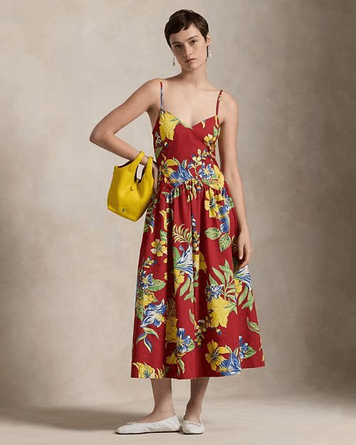 Tropical-Floral Cotton Poplin Dress