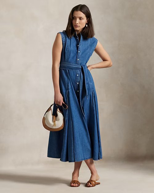 Belted Denim Sleeveless A-Line Dress