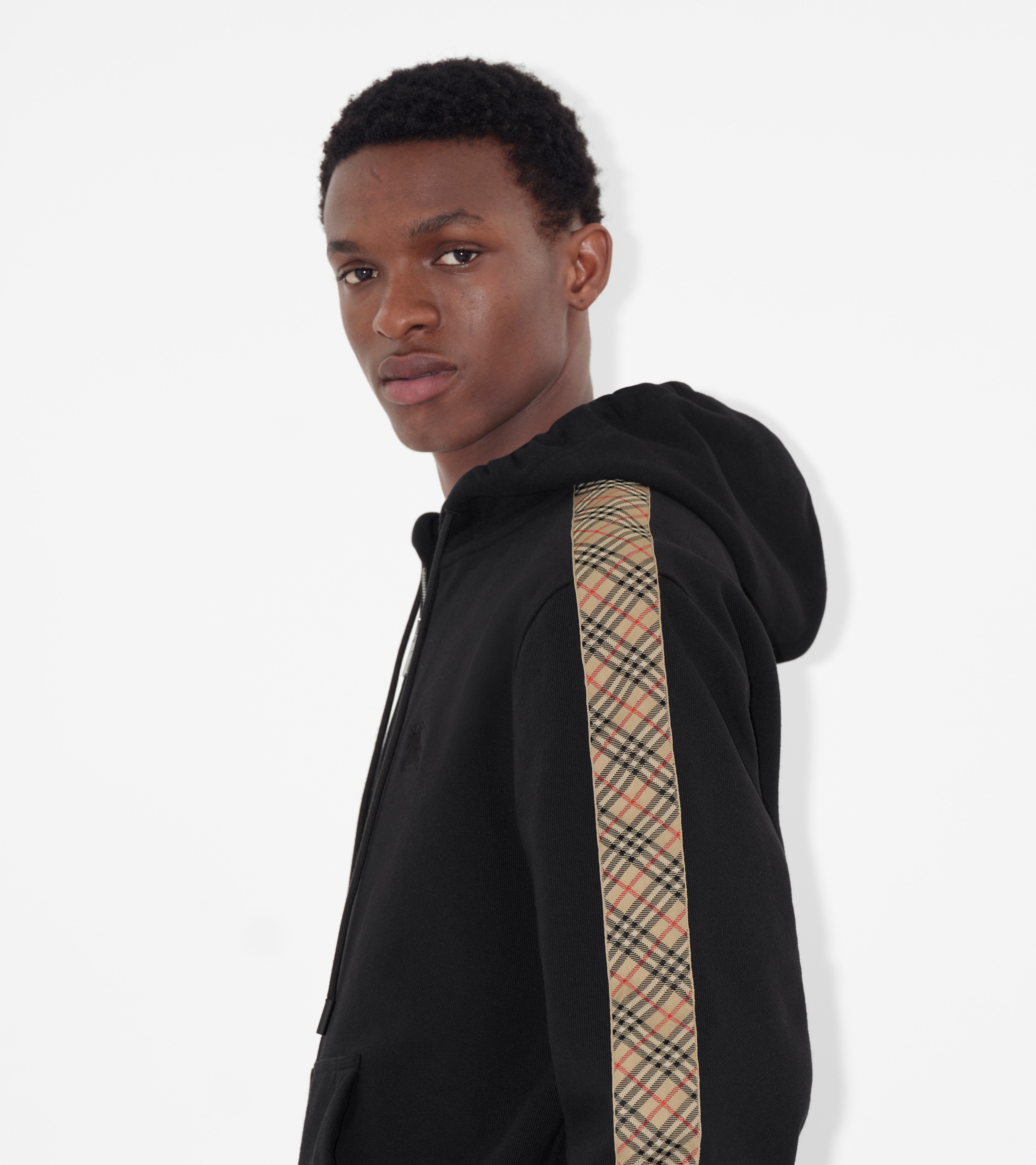Check Trim Cotton Zip Hoodie, view 4