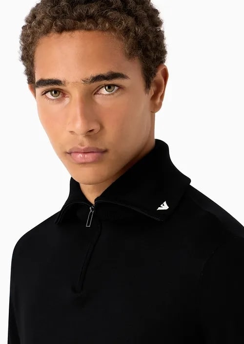 Mock-Neck Jumper With Partial Zip In Plain-Knit Virgin Wool With Logo Embroidery Detail, view 3