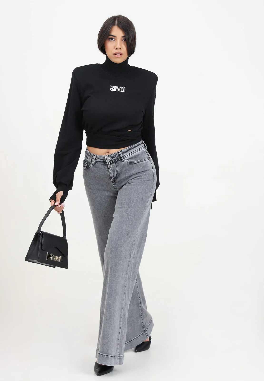 Women's Grey Flared Low Rise Jeans With Logo