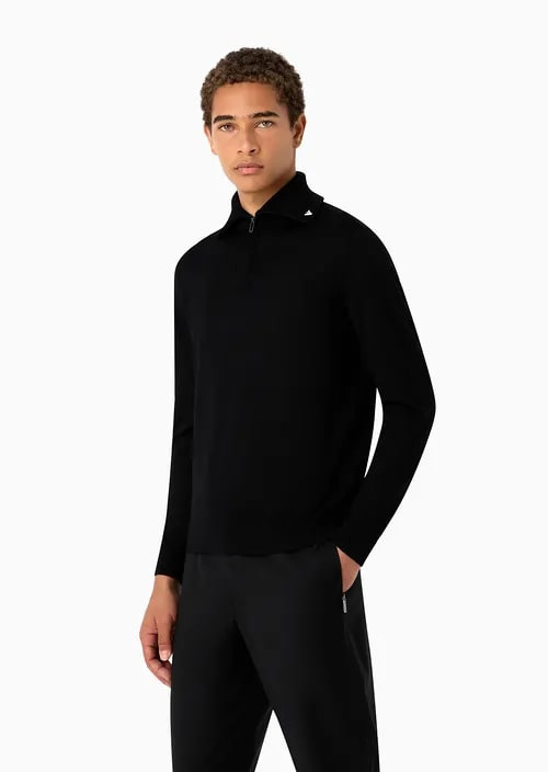 Mock-Neck Jumper With Partial Zip In Plain-Knit Virgin Wool With Logo Embroidery Detail, view 2