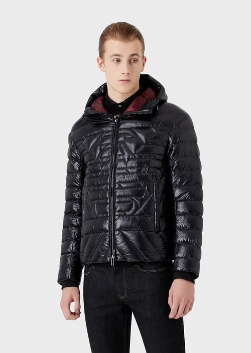 Water-Repellent Nylon Hooded Puffer Jacket With Quilted Eagle, view 2