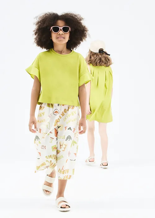Kids Cropped Wide-Leg Trousers In Poplin With An All-Over Logo Print, view 2