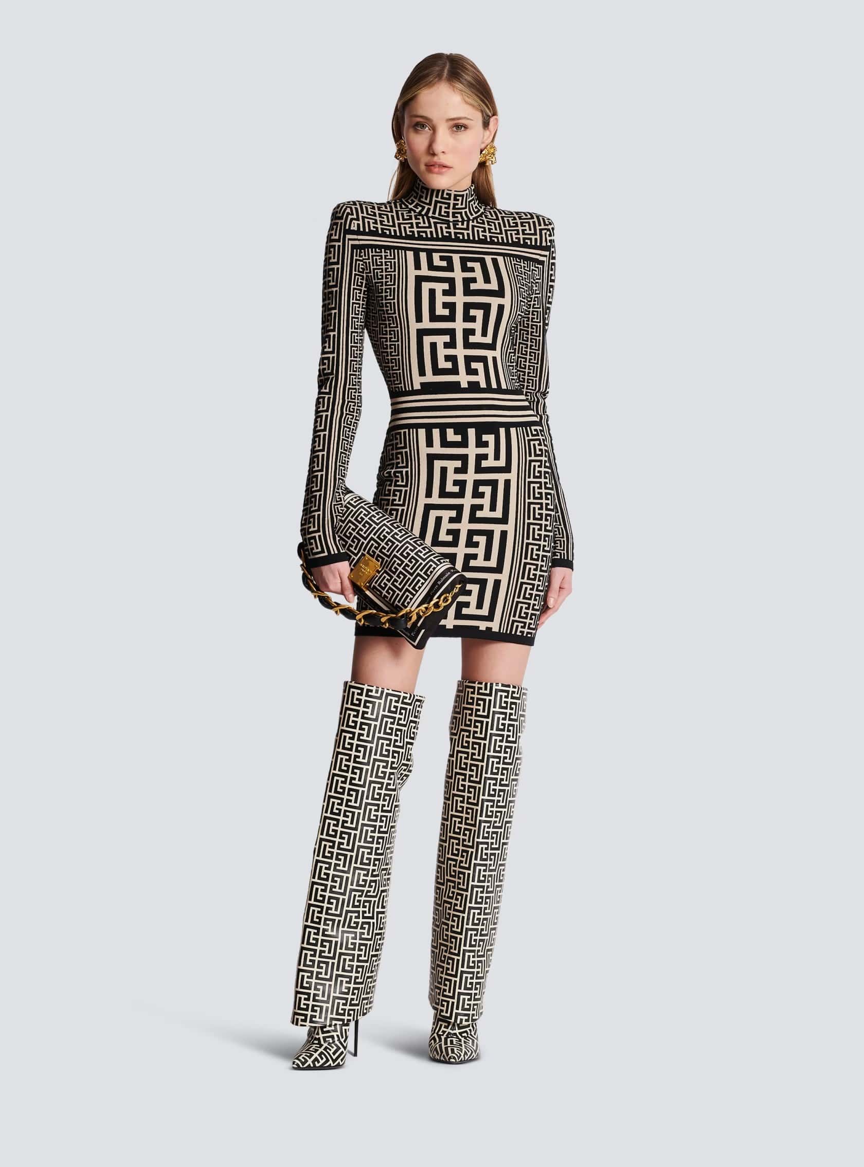 Balmain Monogrammed Knit High-Neck Dress