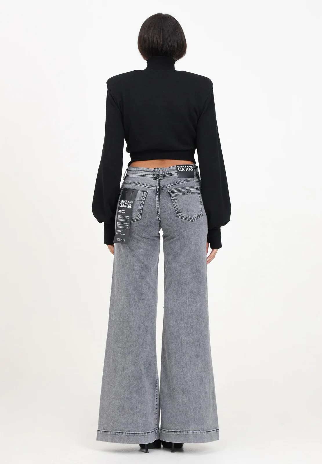 Women's Grey Flared Low Rise Jeans With Logo, view 3