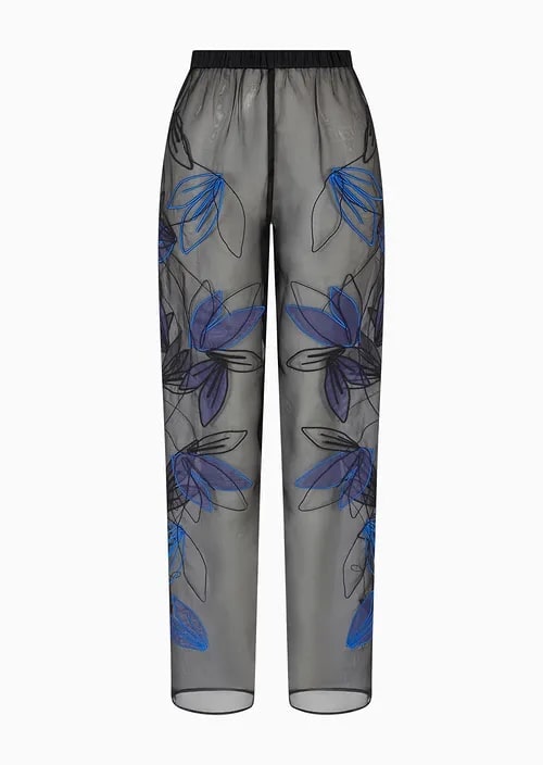 Pure Silk Organza Elasticated-Waist Trousers With Floral Embroidery