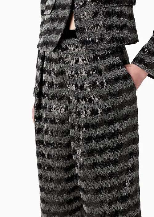 Chevron Motif Trousers With All-Over Sequins And Velvet Peplum, view 3