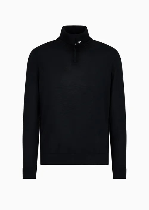 Mock-Neck Jumper With Partial Zip In Plain-Knit Virgin Wool With Logo Embroidery Detail