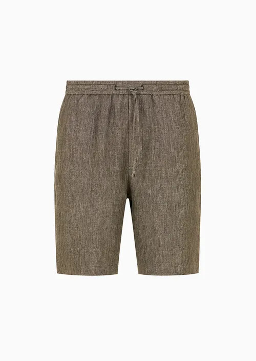 Bermuda Shorts In Faded Linen With A Crêpe Texture, With Drawstring