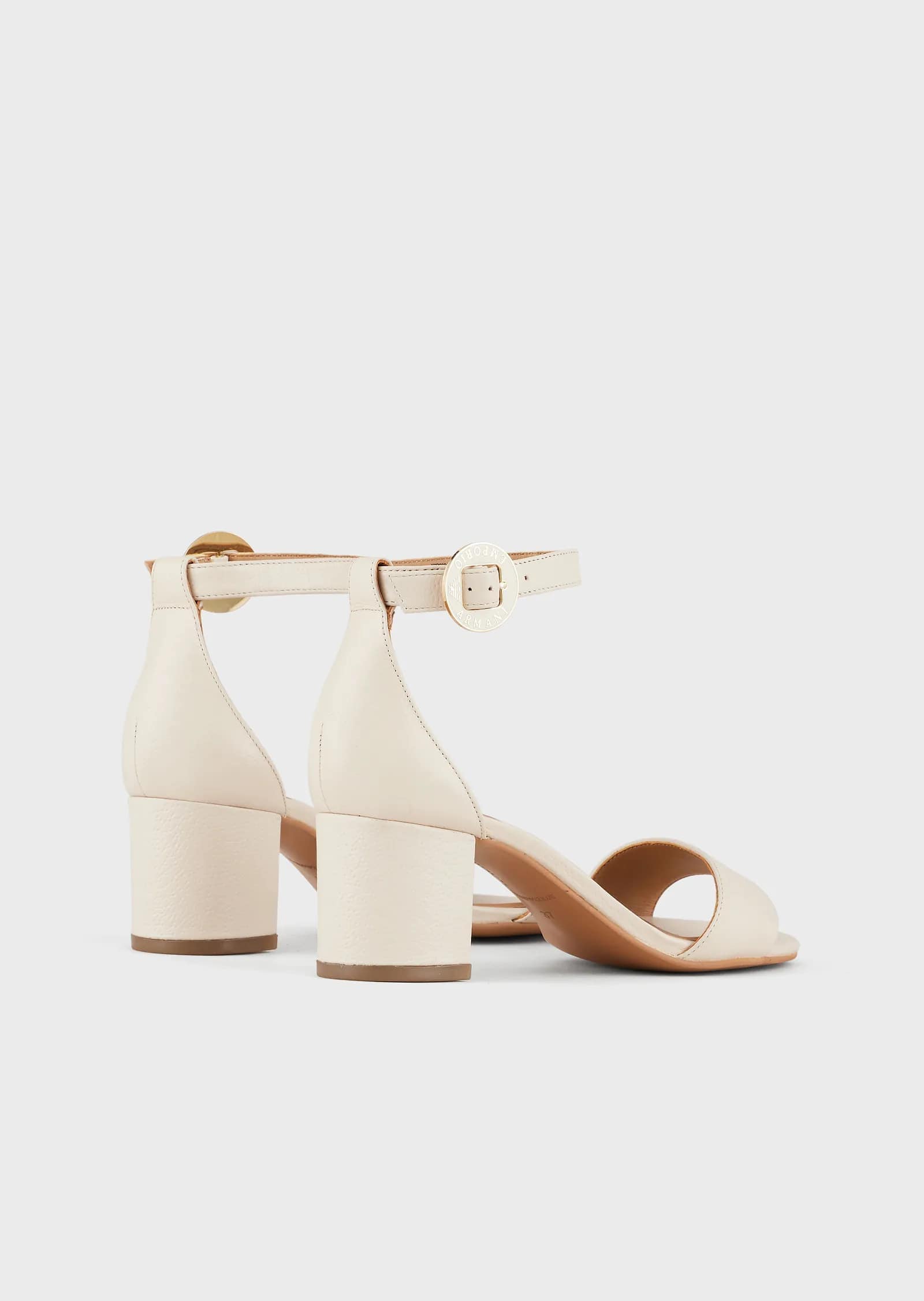 Leather sandals with heel and logoed medal, view 3
