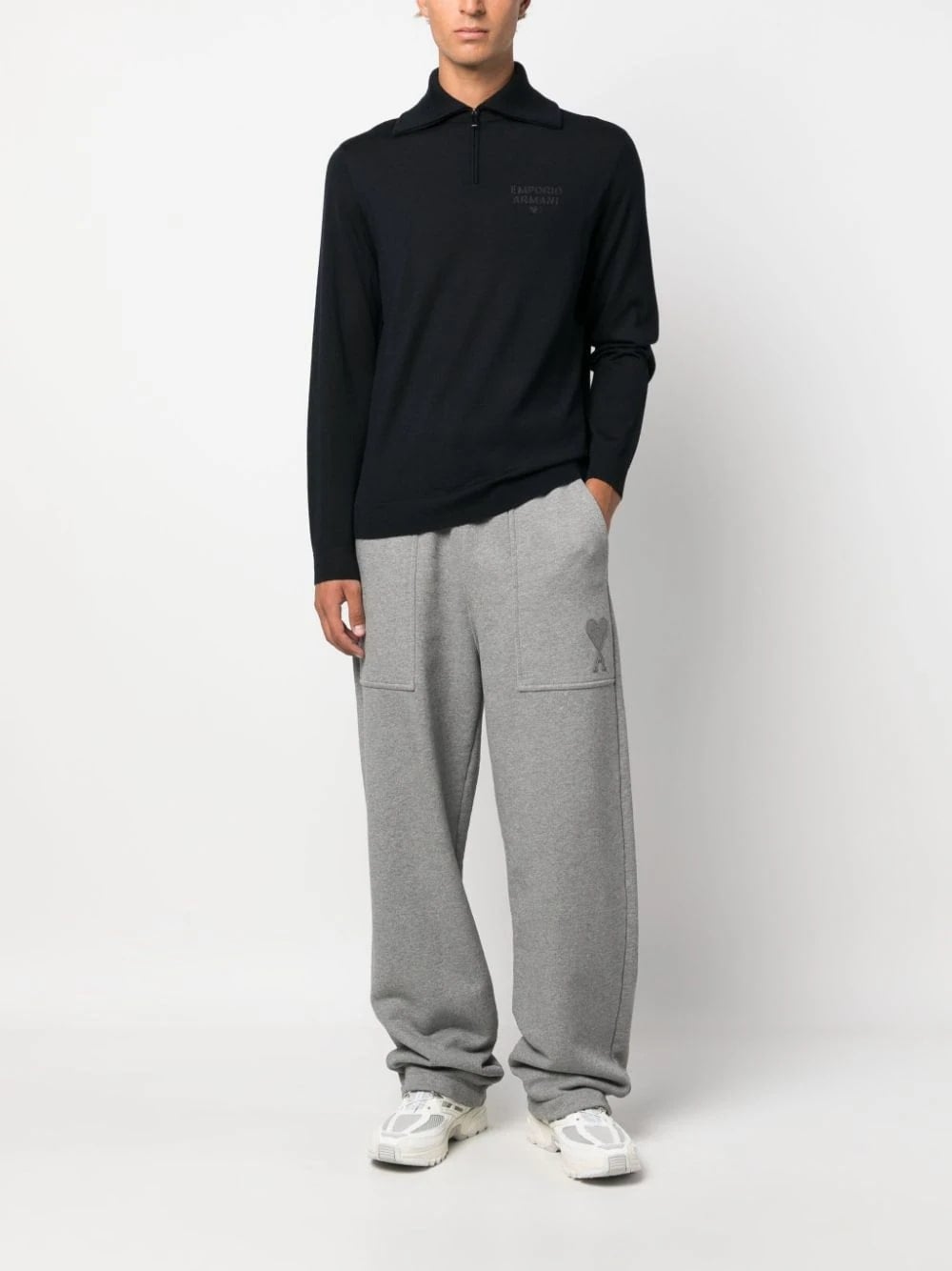 Mock-Neck Jumper With Partial Zip In Plain-Knit Virgin Wool With Logo Embroidery Detail, view 6