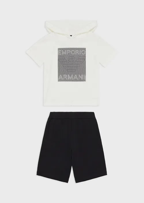 Kids Organic-Jersey T-Shirt And Board Shorts Set With Oversized Eagle With Op-Art Stripes