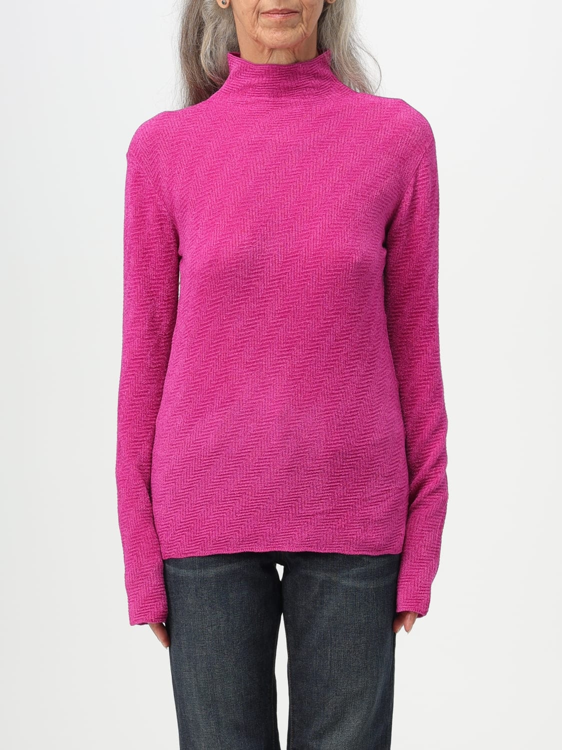Mock Neck Sweater In Viscose Blend With Chevron Links And Stockinette Pattern