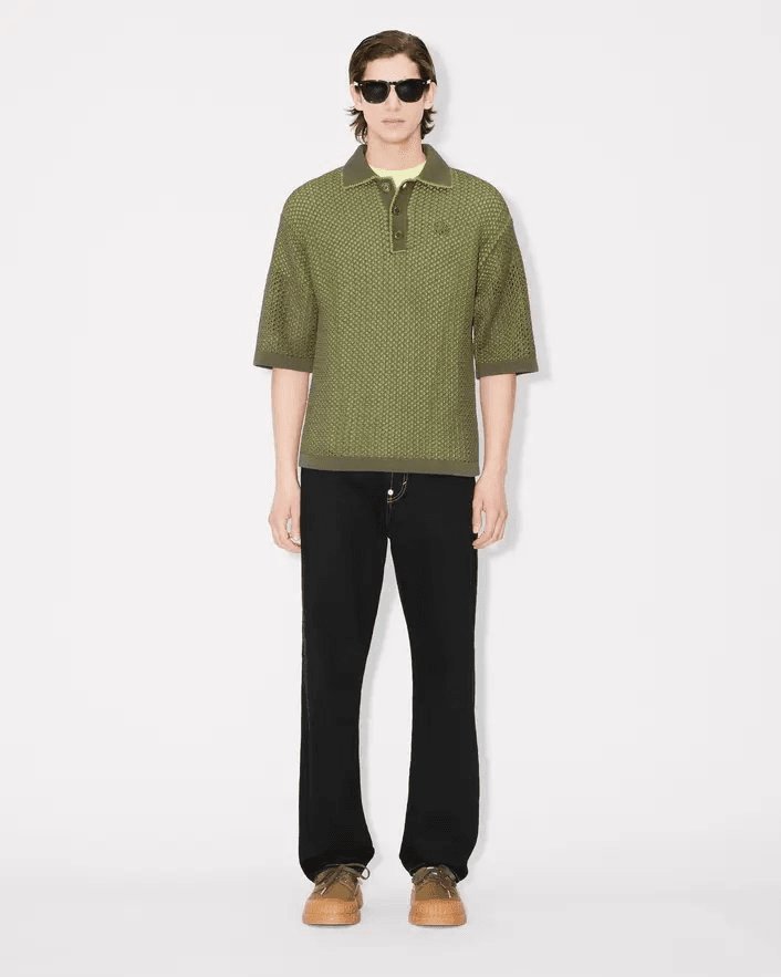 Oversized embroidered knitted polo in mesh, view 5