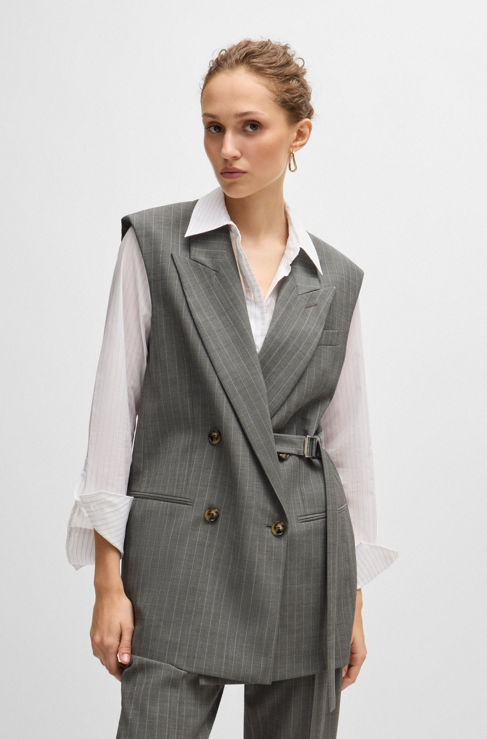 Longline Double-Breasted Waistcoat In Striped Wool