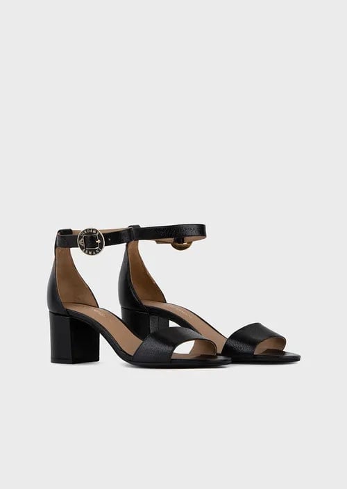 Leather sandals with heel and logoed medal, view 5