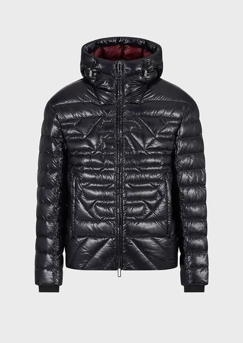 Water-Repellent Nylon Hooded Puffer Jacket With Quilted Eagle