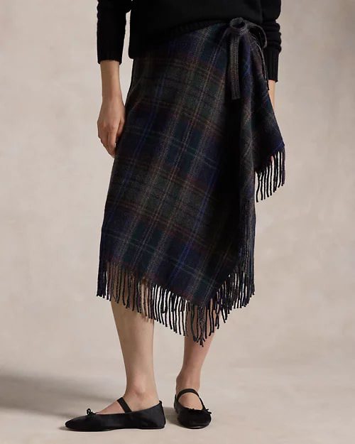 Fringe-Trim Plaid Wrap Skirt, view 2